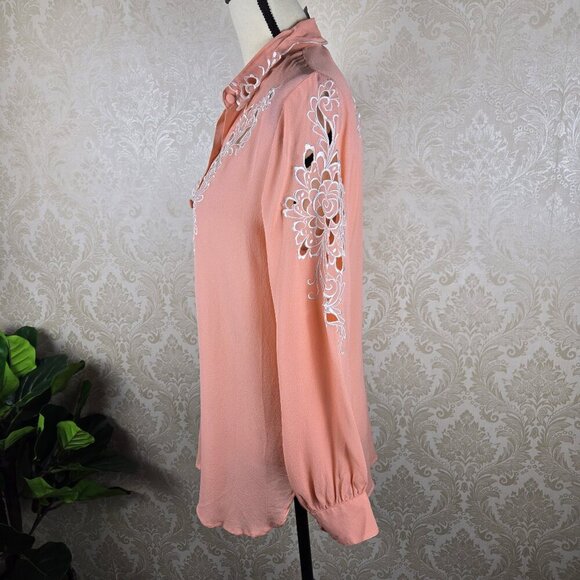 Bob Mackie Wearable Art Size Medium Peach 100% Silk Blouse with Eyelet Cutouts - Picture 6 of 14